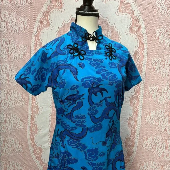 Vintage Blue Dragon Cheongsam Style Dress - Picture 2 of 8